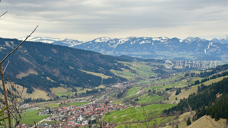 View of Bad Hindelang, Ostrach valley in the Oberallgäu region, Germany, Bavaria